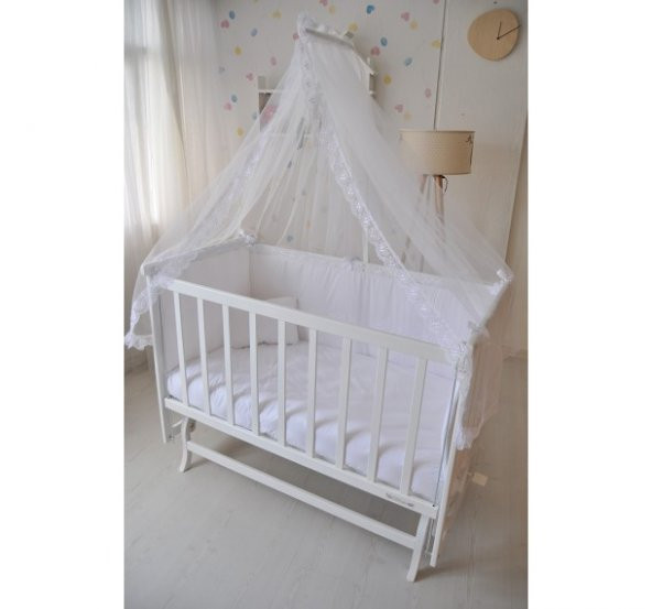 Bebekonfor Beyaz Fransiz Dantel Uyku Setli Beyaz Karyola Bebek Besigi