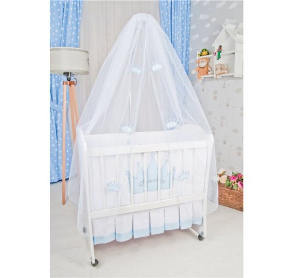 Bebekonfor Mavi Taçlı Uyku Seti Ile Beyaz Anne Yanı Bebek Beşiği