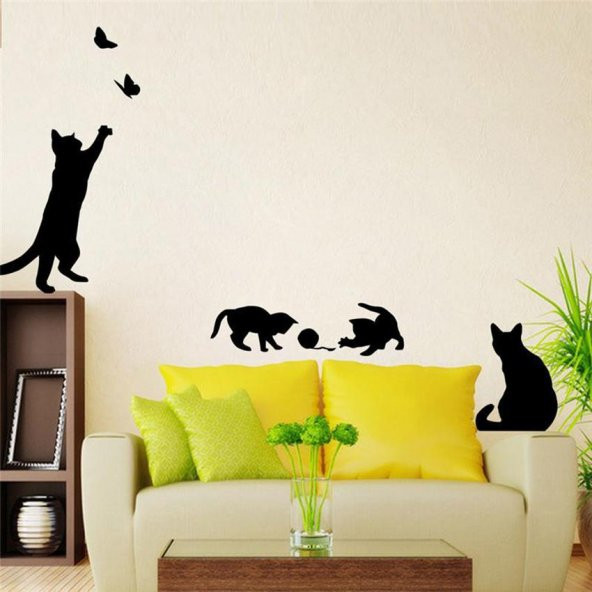 Kedi Kelebek Duvar Yapıştırma Sticker