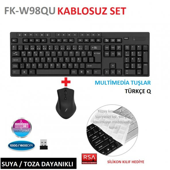 Frisby FK-W98QU Tek Nano Alıcılı Multimedia Kablosuz Klavye Mouse Set - Koruyucu Silikon Kılıf Hediyeli