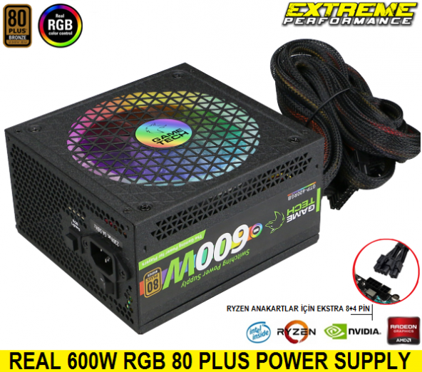 GAMETECH GTP-600 RGB 600W 80 Plus Bronze Sertifikalı Power Supply PC Güç Kaynağı - 2