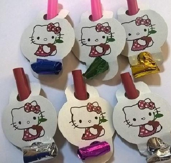 6 Adet Pembe  Hello Kitty  Kız Doğum Günü Parti Düdüğü
