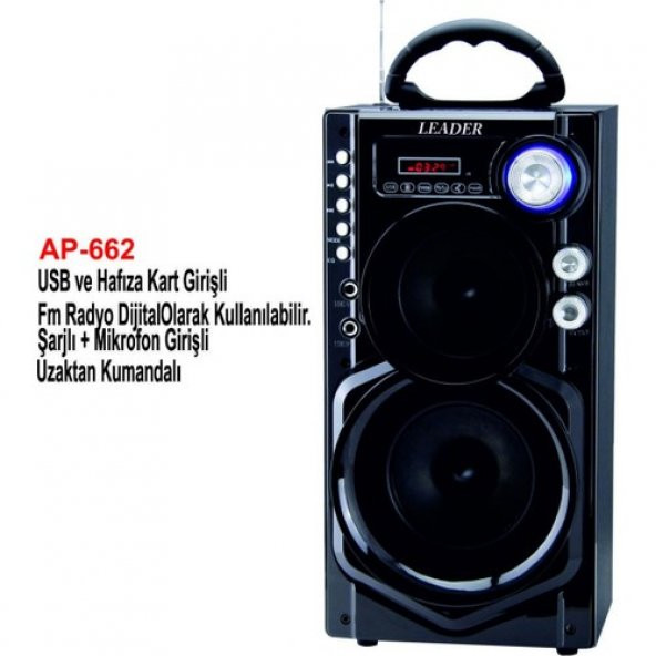 Leader AP-662 Usb/Sd/Fm/Mikrofon Girişli Uzaktan Kumandalı Şarjlı, Taşınabilir Ses Sistemi