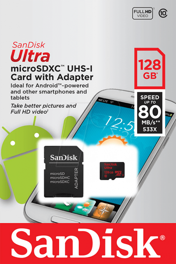Sandisk Ultra 128GB Micro SD Hafıza Kartı C10 UHS-I 80MB/s 533X