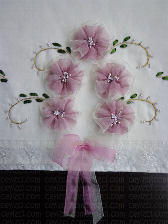 Kadife Havlu Kurdele Nakışı Pudra - 2