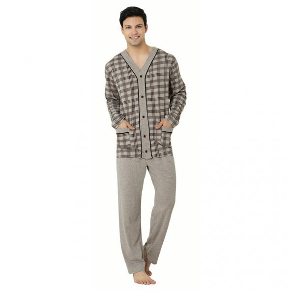 Mecit 2710 Önden Düğmeli Uzun Kol Büyük Beden Erkek Pijama Takımı
