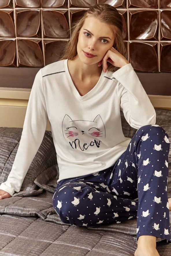 Eros 20604 İnterlok V Yaka Kedili Bayan Pijama Takımı