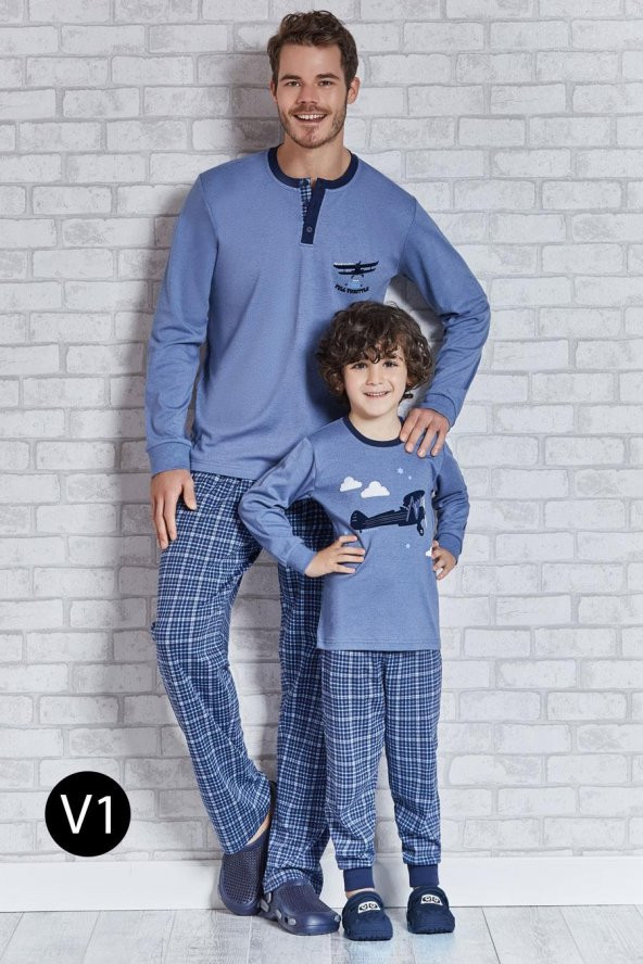 Roly Poly Mavi Uçak Baskılı Baba Oğul Pijama Takımı