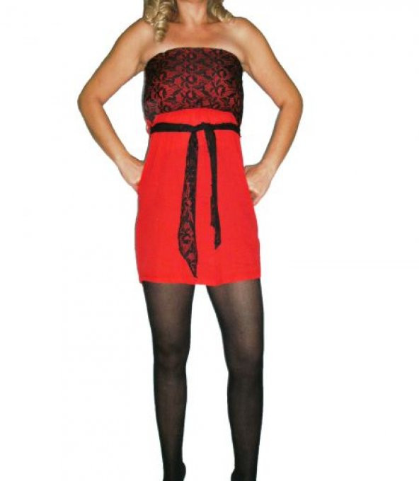 Dantelli Kırmızı Straplez Mini Elbise