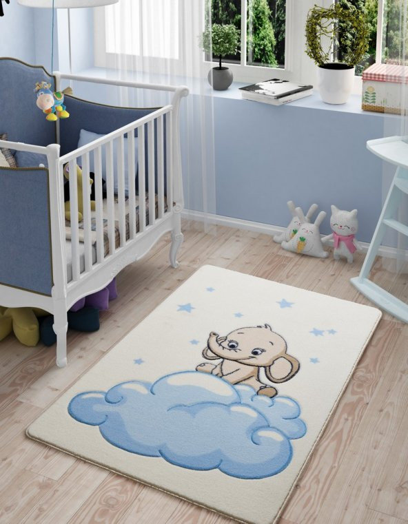 Confetti Baby Elephant 100X150 Mavi Oymalı Çocuk Odası Halısı