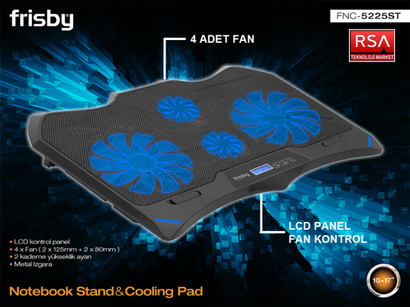 Frisby FNC-5225ST Profesyonel 4 Fanlı Dijital LCD Panelli Fan Kontrollü Gaming ve Günlük Kullanım Notebook Soğutucu Stand Laptop Soğutucu Notebook Cooler