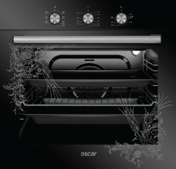 Oscar 8063-Tezhip Desenli 8 Program Siyah Cam Elektro Turbo Fırın