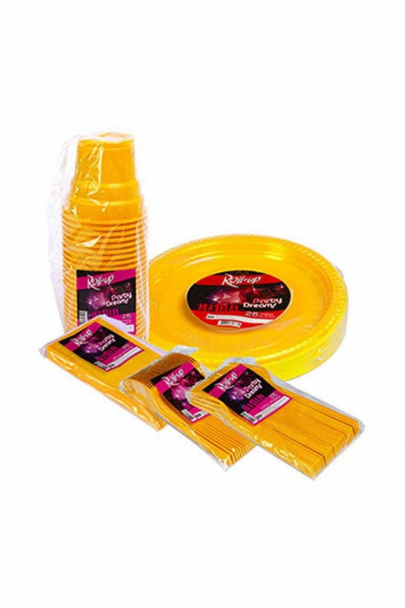 Sarı Plastik Sofra Seti 25 Kişilik 125 Parça