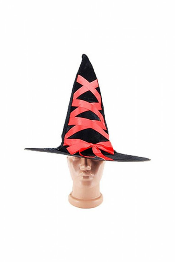 Halloween Kırmızı Kurdeleli Kumaş Cadı Şapka 1 Adet