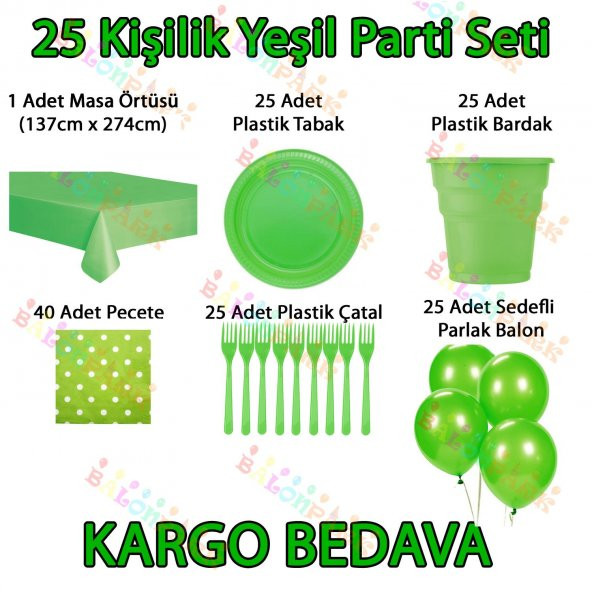 25 Kişilik Yeşil Doğum Günü Parti Malzemeleri Konsepti Süs Seti