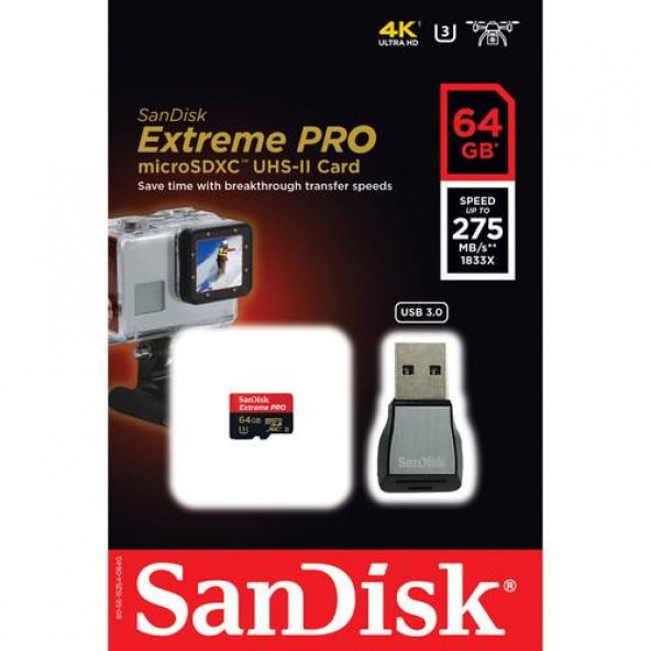 Sandisk Extreme Pro 64GB Micro SD Hafıza Kartı 275MB/s 1833X