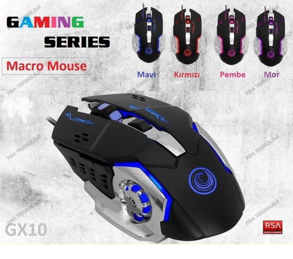 GAMEMAX GM-X3295K Kablolu Ücretsiz Macrolu 4 Renk Işıklı Gaming Oyuncu Mouse
