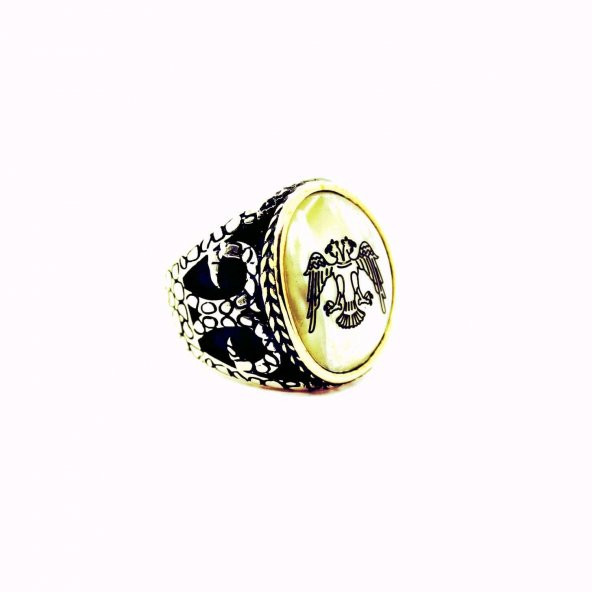 Sedef Taşlı Çiftbaşlı Kartal Figürlü Erkek Yüzüğü - 170030749G13Y