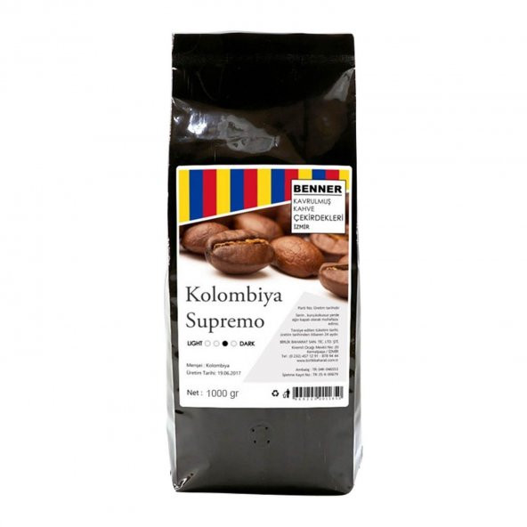 Kolombiya Supremo Kavrulmuş Çekirdek Kahve 1000 Gr Benner