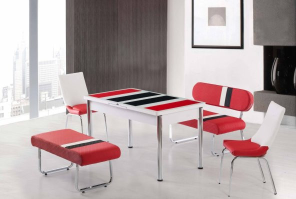 Masa Sandalye Takımı Banklı Takım Açılır Masa Kırmızı - Beyaz