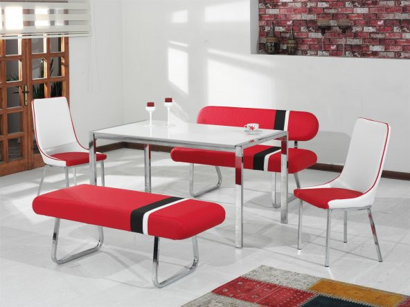 Masa Sandalye Takımı Mutfak Masa Sandalye Polo Kırmızı Banklı