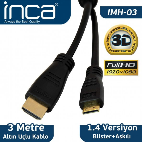 INCA IMH-03 MINI HDMI TO HDMI 3D V1,4 FULL HD ALTIN UÇLU 3 METRE