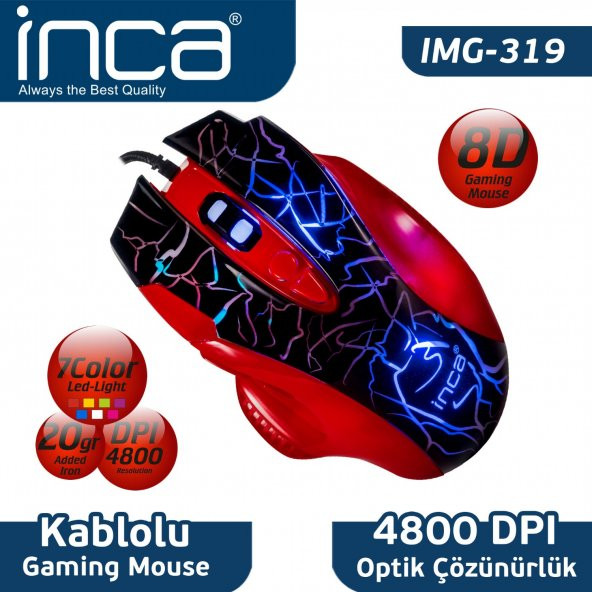 INCA IMG-319 8D +4800 DPI+7 COLOR LED USB GAMING MOUSE + MOUSEPAD