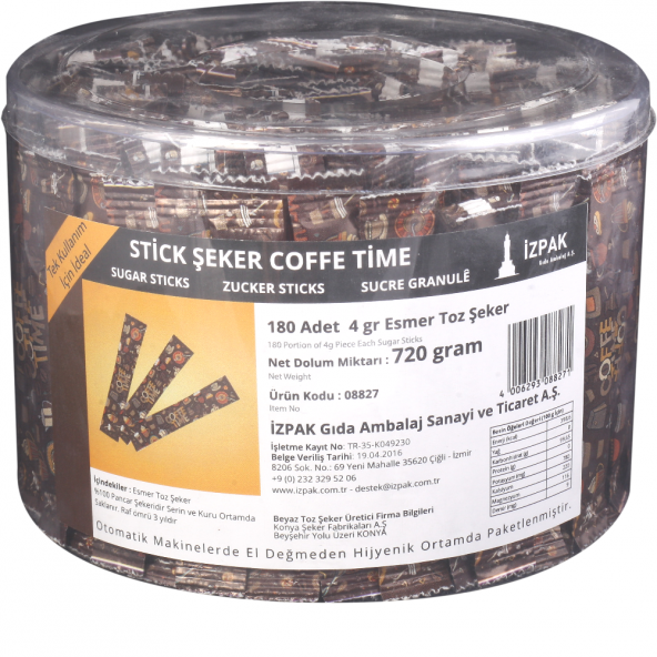 COFFE TIME ESMER Stick Şeker Silindir Kutu 180 Adet 720gr İzpak