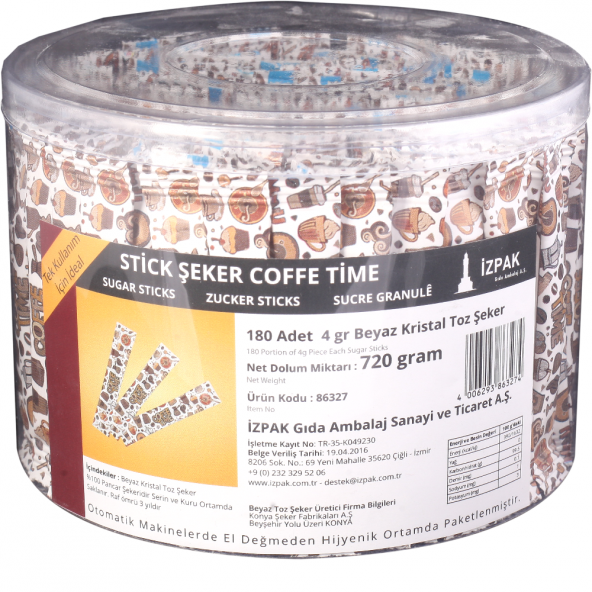 COFFE TIME Stick Şeker Silindir Kutu 180 Adet 720gr İzpak