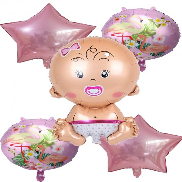 5li Pembe Bebek Temalı Folyo Balon Doğum Odası Helyumla Uçan