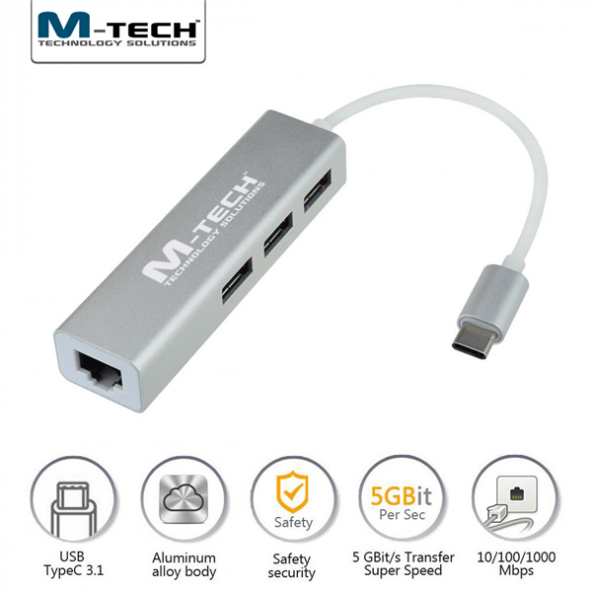 M-TECH MTUCE0174 USB Type-C 3 Port USB3.0 Hub ve Gigabit Ethernet Adaptörü