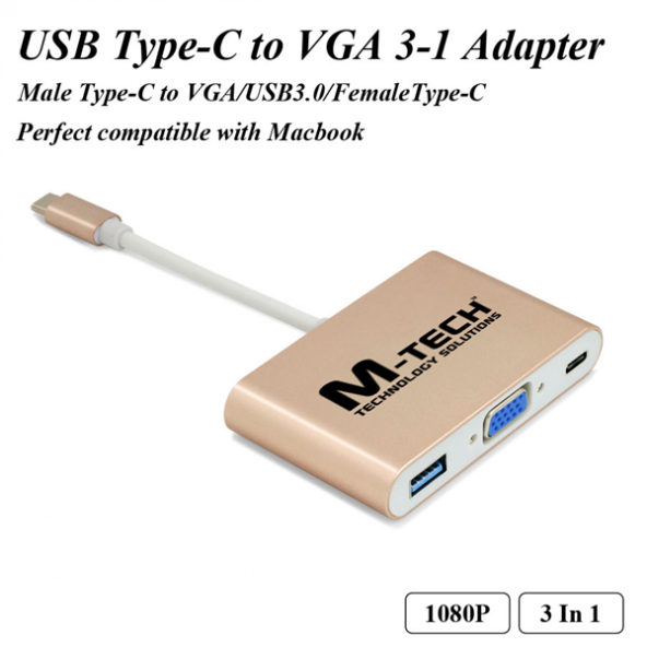 M-TECH MUCVD0259 USB 3.1 Type-C to VGA ve USB Dönüştürücü Adaptör