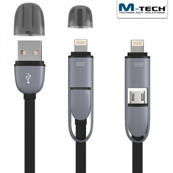 M-TECH MTLC0015 2 si 1 Arada Lightning & Micro USB Şarj ve Data Kablosu, Siyah, 1m