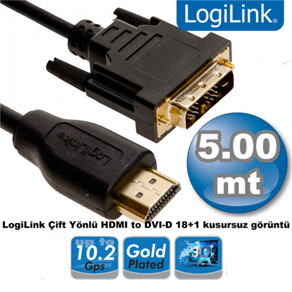 LogiLink CH0015 Çift Yönlü HDMI - DVI Kablo, Erkek - Erkek, 5.0m