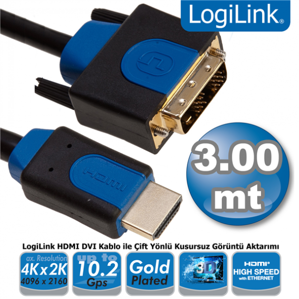 LogiLink CHB3103 Çift Yönlü HDMI - DVI Kablo, Erkek - Erkek, 3.0m