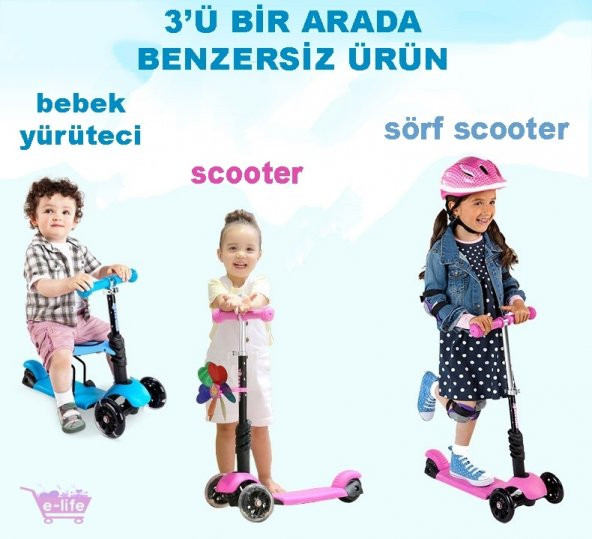 3ü 1 Arada 3 Tekerli Ayarlanabilir Scooter