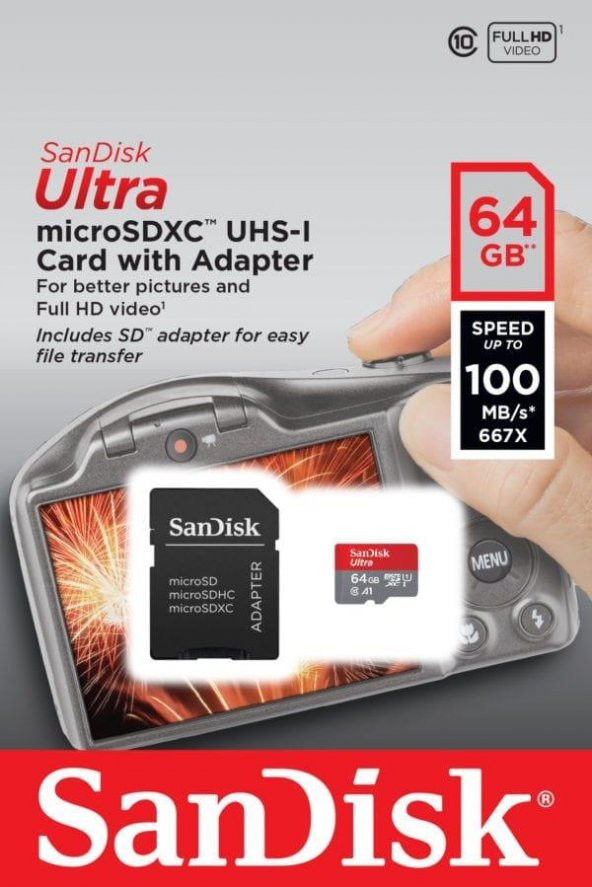 Sandisk 64GB Micro SD Hafıza Kartı Ultra C10 100MB/s SDSQUAR