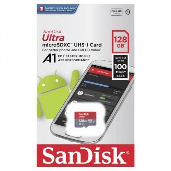 Sandisk 128GB Micro SD Hafıza Kartı Ultra C10 A1 100MB/s SDSQUAR