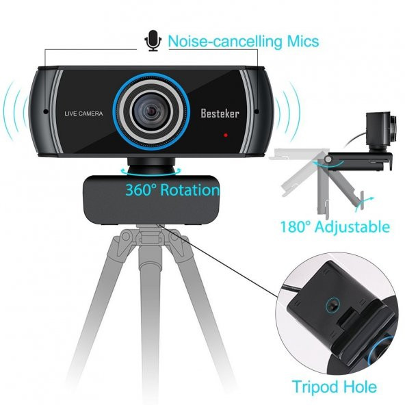 Besteker HD Webcam 1080P, Mikrofonlu 1536P USB Web Kamerası