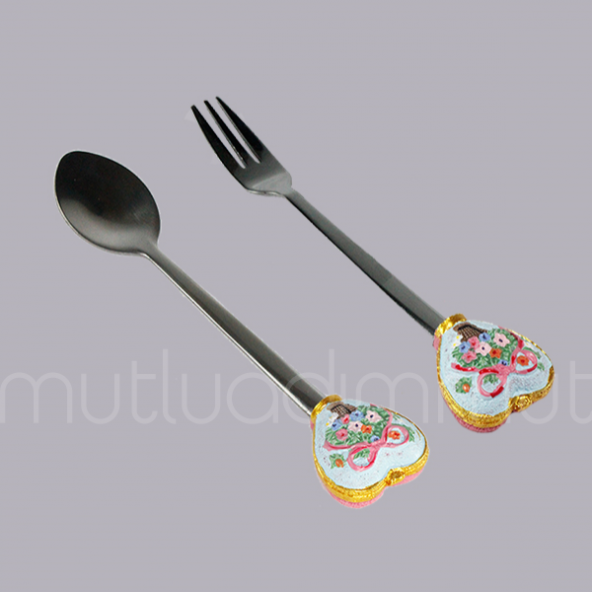 Çiçek Desenli Kalpli Çatal Ve Kaşık - 7