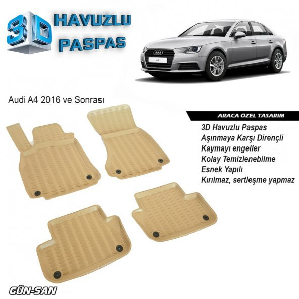 Audi A4 3D Havuzlu Paspas Bej 2007-2015 Arası A+Plus