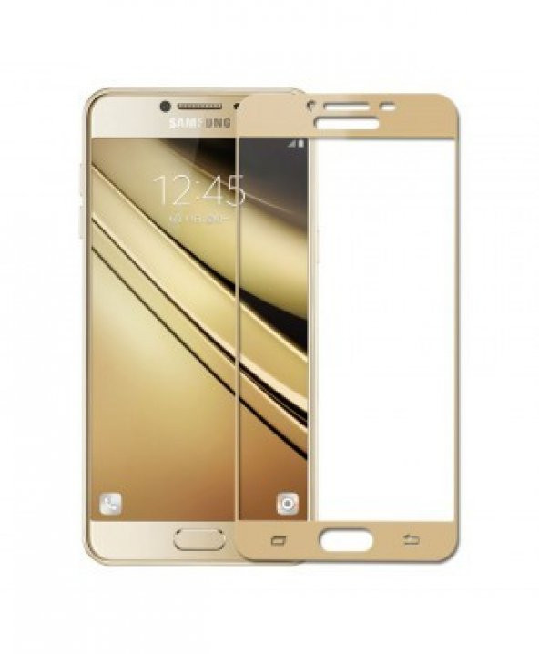Samsung Galaxy C7 Full Kapatan Dayanıklı Cam Ekran Koruyucu GOLD