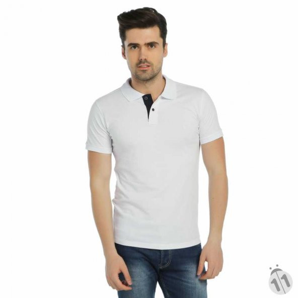 Beyaz Büyük Beden Polo Yaka Basic Erkek Lakos Tişört  -Slim Fit-42113-Beyaz