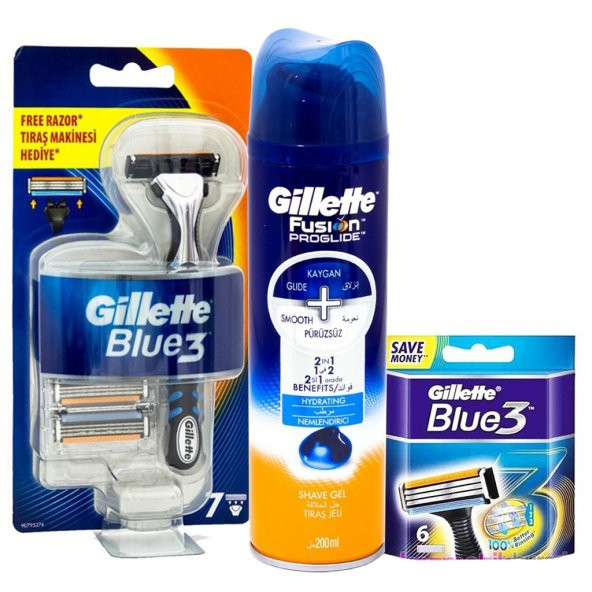 Gillette Blue 3 Tıraş Makinesi + 13 Başlık + Tıraş Jeli 200 ml.