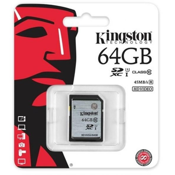 Kingston 64GB SD SDHC Class 10 Hafıza Kartı 45MB/s SD10VG2/64GB