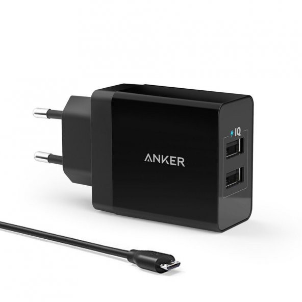 ANKER PowerPort 2 Seyahat Şarj Cihazı + Micro USB Kablo Siyah