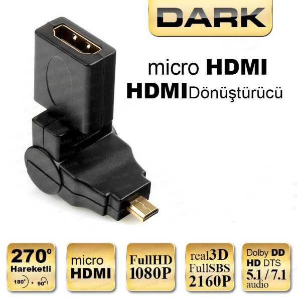 DARK DARK 270° Dönebilen HDMI Dişi - Micro HDMI Erkek Çevirici Soket DK-HD-AHDMIXM270