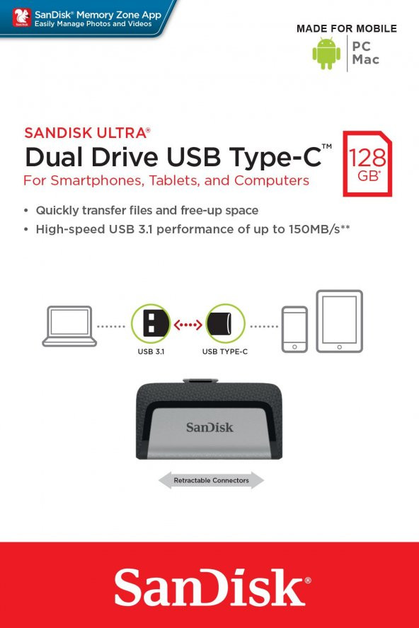 Sandisk 128GB USB Flash Bellek Dual Drive Type-C SDDDC2-128G-G46 - 3
