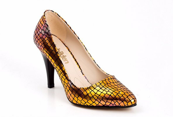 Hüs Sarı Yılan Deri Desenli Topuklu Bayan Ayakkabı