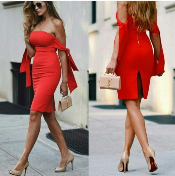 Japon Style Kadın Kırmızı Straplez Elbise